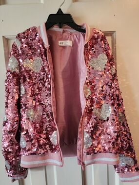 H&M Rose Pink Sequin Heart Bomber Jacket